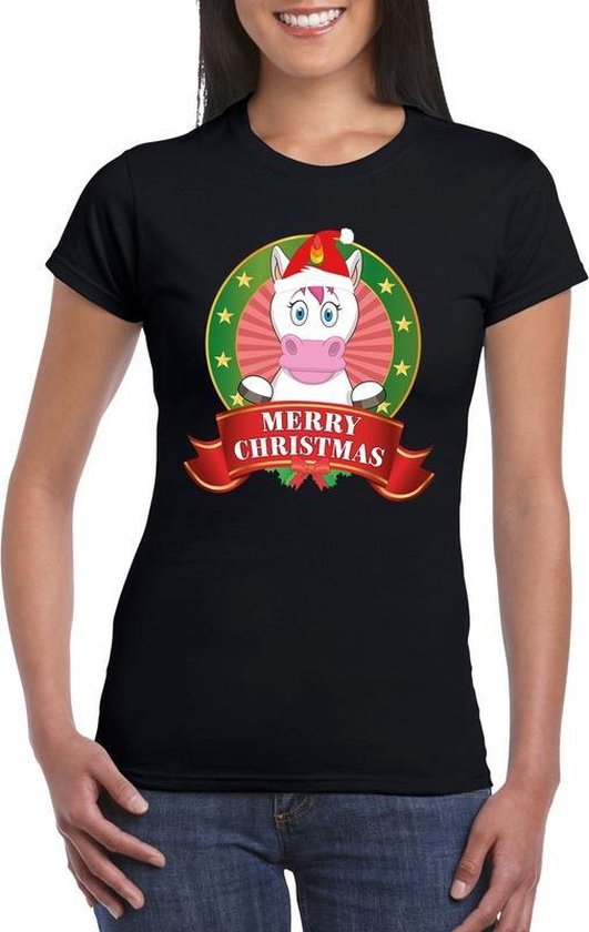 Eenhoorn Kerst t-shirt zwart Merry Christmas voor dames - Kerst shirts XS Eenhoorn Kerst t-shirt zwart Merry Christmas voor dames - Kerst shirts XS