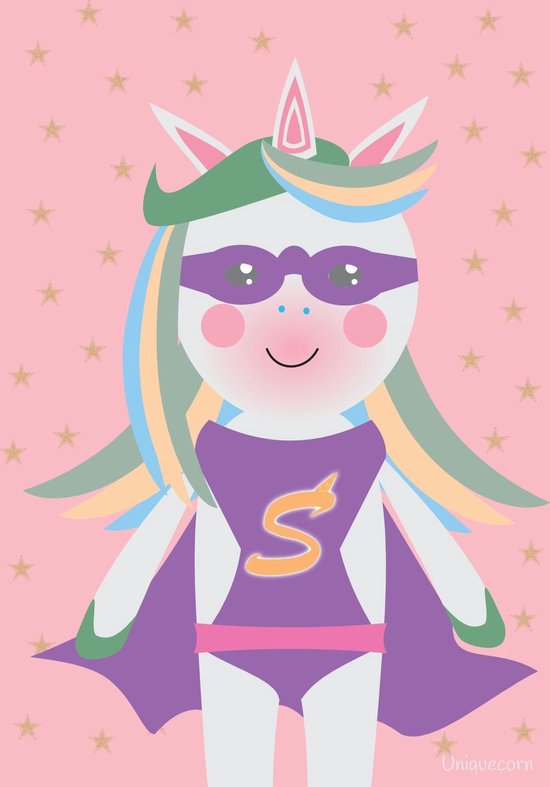 Unicorn superheld roze poster A4 Unicorn superheld roze poster A4