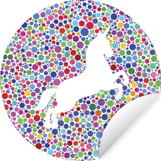 Een illustratie van een witte eenhoorn op een kleurrijke achtergrond - 50x50 cm - rond schilderij - behangcirkel - muurcirkel - wooncirkel - zelfklevend & rond uitgesneden Een illustratie van een witte eenhoorn op een kleurrijke achtergrond - 50x50 cm - rond schilderij - behangcirkel - muurcirkel - wooncirkel - zelfklevend & rond uitgesneden