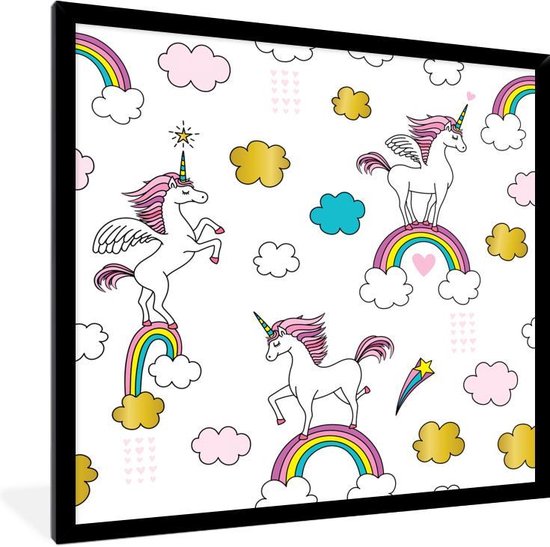 Foto in lijst - Illustratie van eenhoorns op regenbogen fotolijst zwart 40x40 cm - Poster in lijst (Wanddecoratie woonkamer / slaapkamer) Foto in lijst - Illustratie van eenhoorns op regenbogen fotolijst zwart 40x40 cm - Poster in lijst (Wanddecoratie woonkamer / slaapkamer)