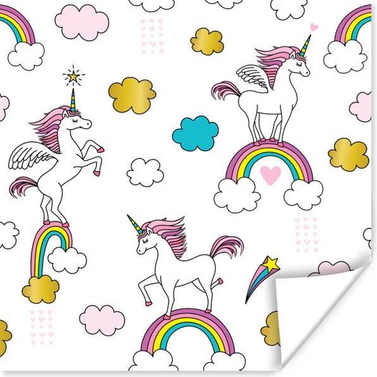 Illustratie van eenhoorns op regenbogen poster 50x50 cm - Foto print op Poster (wanddecoratie woonkamer / slaapkamer) / Wilde dieren Poster Illustratie van eenhoorns op regenbogen poster 50x50 cm - Foto print op Poster (wanddecoratie woonkamer / slaapkamer) / Wilde dieren Poster