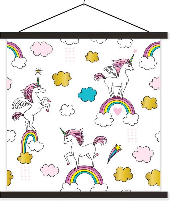 Illustratie van eenhoorns op regenbogen schoolplaat platte latten zwart 120x120 cm - Foto print op textielposter (wanddecoratie woonkamer/slaapkamer) Illustratie van eenhoorns op regenbogen schoolplaat platte latten zwart 120x120 cm - Foto print op textielposter (wanddecoratie woonkamer/slaapkamer)