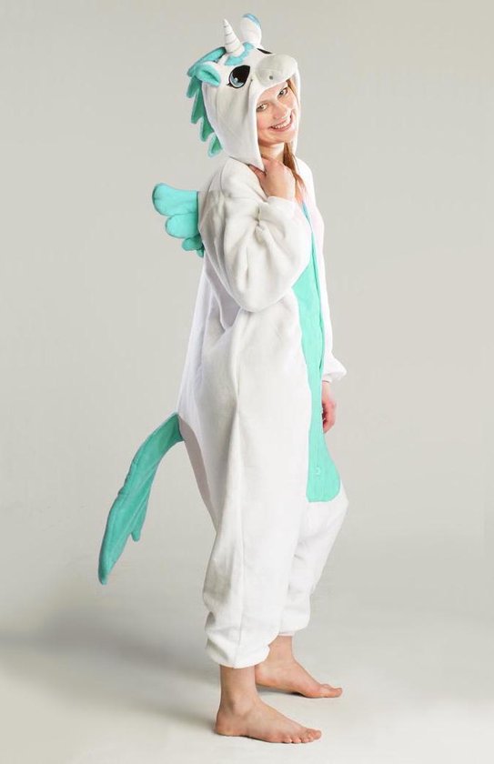 KIMU Onesie Pegasus eenhoorn pak wit turquoise unicorn kostuum - maat S-M - unicornpak jumpsuit huispak KIMU Onesie Pegasus eenhoorn pak wit turquoise unicorn kostuum - maat S-M - unicornpak jumpsuit huispak