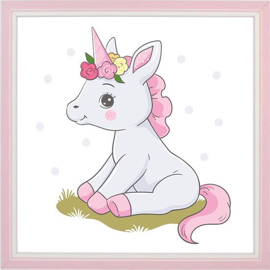 Kinderposter - Unicorn - 20x20 cm - Met Roze 3D Houten Kader Kinderposter - Unicorn - 20x20 cm - Met Roze 3D Houten Kader