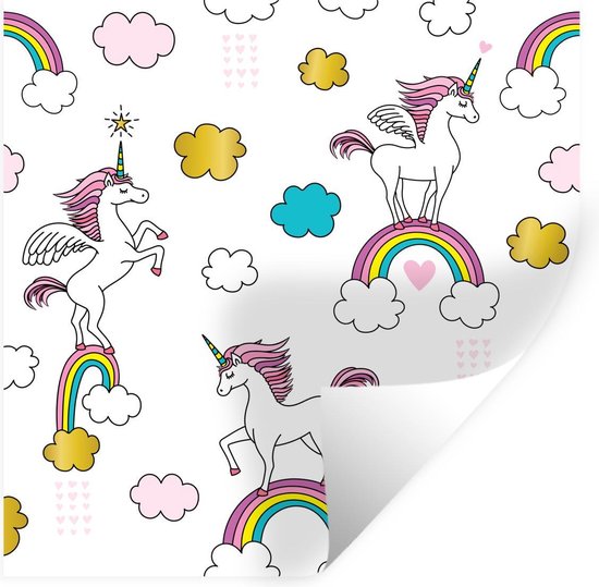 Muursticker Eenhoorn illustratie - Een illustratie van eenhoorns op regenbogen - 50x50 cm - zelfklevend plakfolie - herpositioneerbare muur sticker Muursticker Eenhoorn illustratie - Een illustratie van eenhoorns op regenbogen - 50x50 cm - zelfklevend plakfolie - herpositioneerbare muur sticker