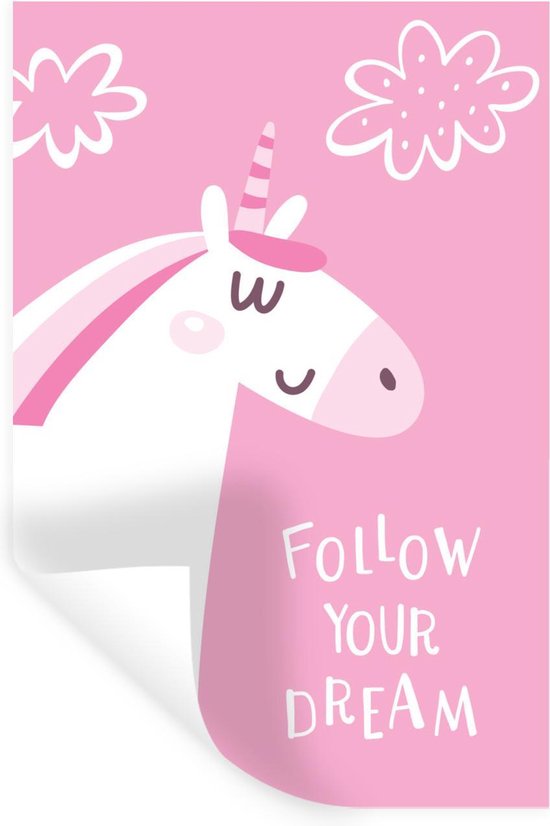 Muursticker Handgemaakte illustraties 2 - Illustratie van een eenhoorn en de quote Follow your dreams - 60x90 cm - zelfklevend plakfolie - herpositioneerbare muur sticker Muursticker Handgemaakte illustraties 2 - Illustratie van een eenhoorn en de quote Follow your dreams - 60x90 cm - zelfklevend plakfolie - herpositioneerbare muur sticker