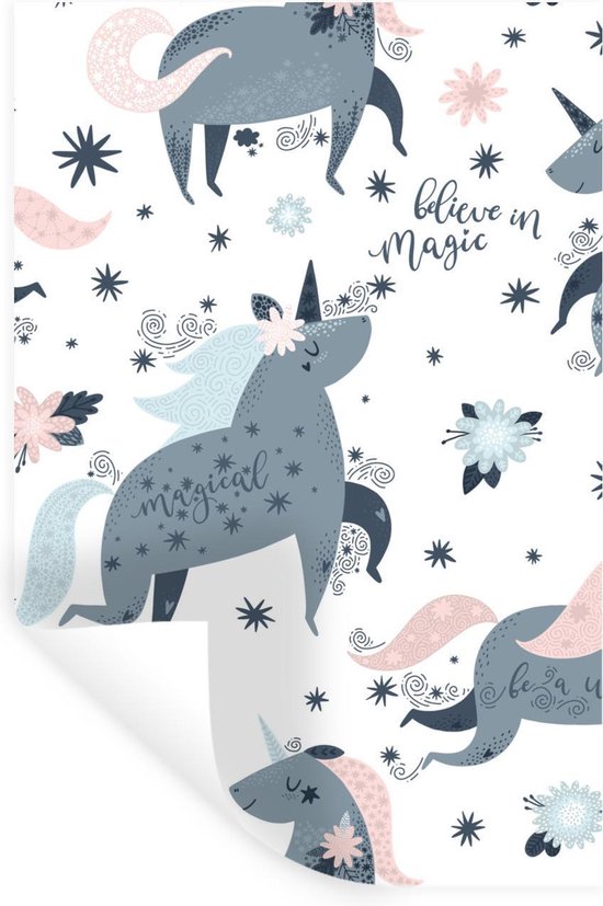 Muursticker Illustratie voor kinderen - Kinderillustratie met een patroon van eenhoorns - 60x90 cm - zelfklevend plakfolie - herpositioneerbare muur sticker Muursticker Illustratie voor kinderen - Kinderillustratie met een patroon van eenhoorns - 60x90 cm - zelfklevend plakfolie - herpositioneerbare muur sticker