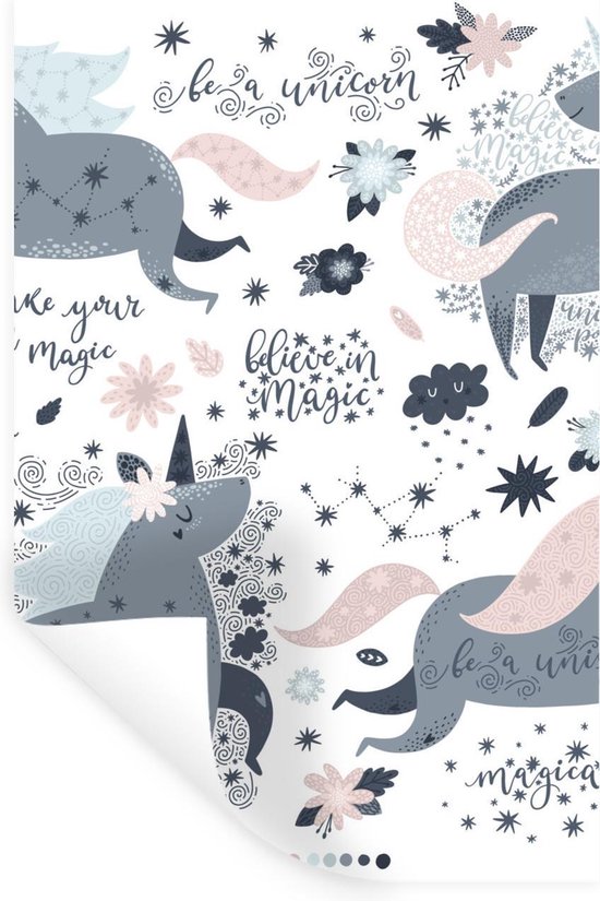 Muursticker Illustratie voor kinderen - Kinderillustratie met een patroon van sterren en eenhoorns - 40x60 cm - zelfklevend plakfolie - herpositioneerbare muur sticker Muursticker Illustratie voor kinderen - Kinderillustratie met een patroon van sterren en eenhoorns - 40x60 cm - zelfklevend plakfolie - herpositioneerbare muur sticker