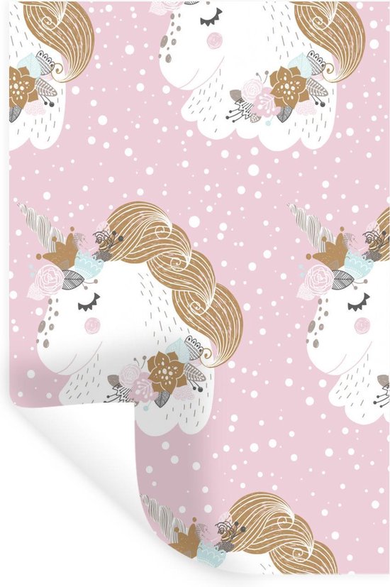 Muursticker Illustratie voor kinderen - Kinderillustratie met een roze patroon van eenhoorns - 40x60 cm - zelfklevend plakfolie - herpositioneerbare muur sticker Muursticker Illustratie voor kinderen - Kinderillustratie met een roze patroon van eenhoorns - 40x60 cm - zelfklevend plakfolie - herpositioneerbare muur sticker