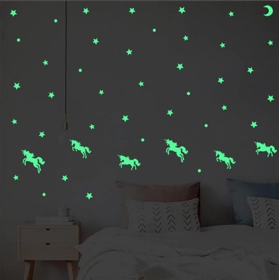 Muursticker glow in the dark eenhoorns met sterren - lichtgevende stickers unicorn kinderkamer babykamer Muursticker glow in the dark eenhoorns met sterren - lichtgevende stickers unicorn kinderkamer babykamer