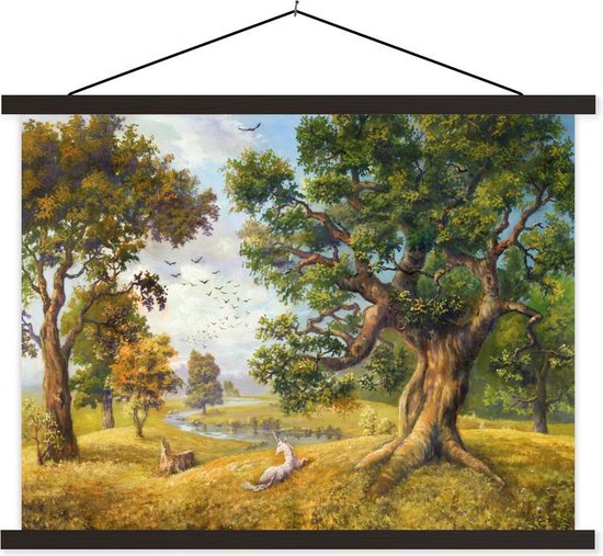 Olieverf schilderij van een eenhoorn naast een rivier textielposter latten zwart 60x45 cm - Foto print op schoolplaat (wanddecoratie woonkamer/slaapkamer) Olieverf schilderij van een eenhoorn naast een rivier textielposter latten zwart 60x45 cm - Foto print op schoolplaat (wanddecoratie woonkamer/slaapkamer)