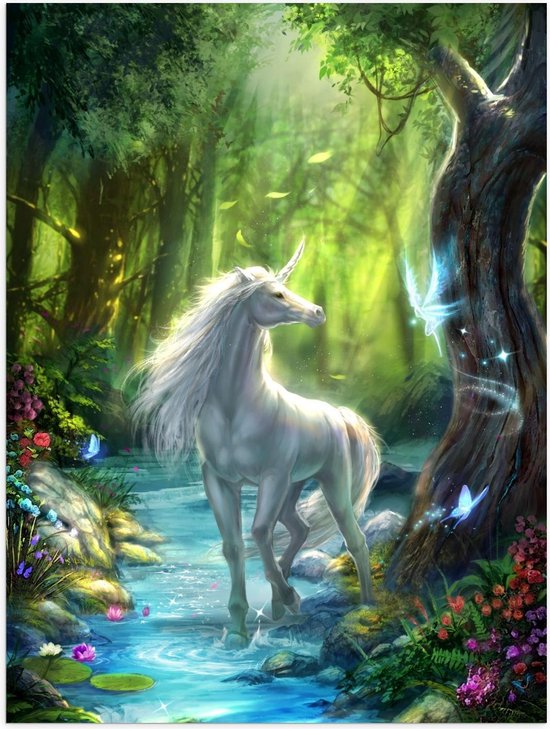 Poster – Getekende Unicorn in Fantasiebos - 30x40cm Foto op Posterpapier Poster – Getekende Unicorn in Fantasiebos - 30x40cm Foto op Posterpapier