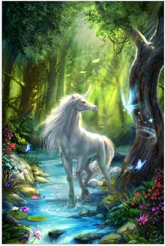 Poster – Getekende Unicorn in Fantasiebos - 40x60cm Foto op Posterpapier Poster – Getekende Unicorn in Fantasiebos - 40x60cm Foto op Posterpapier
