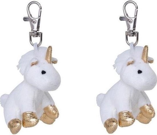 Set van 2x stuks sleutelhanger pluche eenhoorn wit met zilver 7 cm - Dieren knuffel cadeaus artikelen voor kinderen Set van 2x stuks sleutelhanger pluche eenhoorn wit met zilver 7 cm - Dieren knuffel cadeaus artikelen voor kinderen