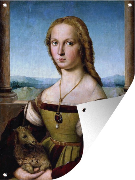 Tuinposter Rafaël - Portretten - Portret van de dame met de eenhoorn - Schilderij van Rafaël - Tuinposter 60x80 cm - Tuindoek/Buitencanvas/Schilderijen voor buiten (tuin decoratie) Tuinposter Rafaël - Portretten - Portret van de dame met de eenhoorn - Schilderij van Rafaël - Tuinposter 60x80 cm - Tuindoek/Buitencanvas/Schilderijen voor buiten (tuin decoratie)