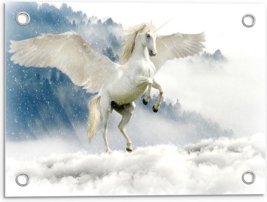 Tuinposter – Witte Eenhoorn in de Wolken - 40x30cm Foto op Tuinposter (wanddecoratie voor buiten en binnen) Tuinposter – Witte Eenhoorn in de Wolken - 40x30cm Foto op Tuinposter (wanddecoratie voor buiten en binnen)