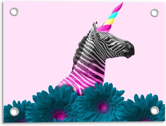 Tuinposter – Zebra als Eenhoorn met Bloemen - 40x30cm Foto op Tuinposter (wanddecoratie voor buiten en binnen) Tuinposter – Zebra als Eenhoorn met Bloemen - 40x30cm Foto op Tuinposter (wanddecoratie voor buiten en binnen)