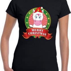 Eenhoorn Kerst t-shirt zwart Merry Christmas voor dames - Kerst shirts XL