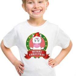 Kerst t-shirt voor kinderen met eenhoorn print - voor jongens en meisjes - wit XS (110-116)