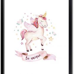 Kinderkamer poster Unicorn / Eenhoorn poster DesignClaud - Roze - A2 + Fotolijst zwart