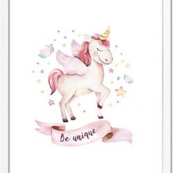 Kinderkamer poster Unicorn / Eenhoorn poster DesignClaud - Roze - A4 + Fotolijst wit
