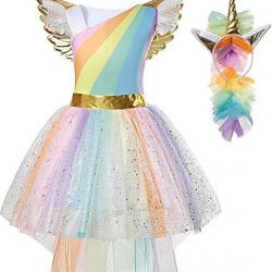 Eenhoorn jurk unicorn jurk eenhoorn kostuum - 116-122 (M) prinsessen jurk verkleedjurk regenboog + haarband