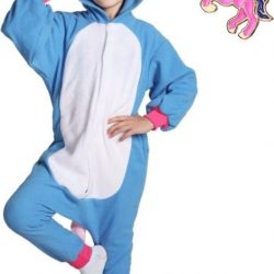 Eenhoorn Onesie Unicorn blauw wit huispak jumpsuit kostuum kinderen - 104-110 (3-4 jaar) + GRATIS ketting verkleedkleding jurk