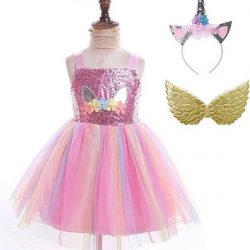 Eenhoorn jurk Unicorn jurk roze met vleugels 122-128 (130) prinsessen jurk verkleedjurk + GRATIS haarband