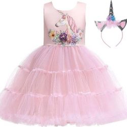 Eenhoorn jurk unicorn jurk eenhoorn kostuum - licht roze 122-128 (140) prinsessen jurk verkleedjurk + haarband