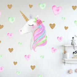 Muursticker eenhoorn met hartjes - muursticker kinderkamer meisjeskamer