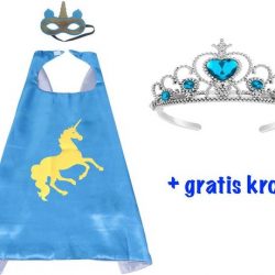 Unicorn Eenhoorn verkleedpak blauwe cape + masker + Gratis kroon - Verkleden kind - 3-9 jaar - maat 98-128