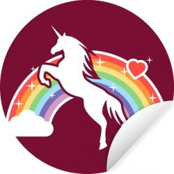Een illustratie van een witte eenhoorn voor een regenboog op een rode achtergrond - 80x80 cm - rond schilderij - behangcirkel - muurcirkel - wooncirkel - zelfklevend & rond uitgesneden
