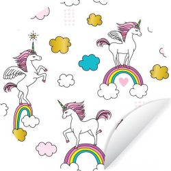 Een illustratie van eenhoorns op regenbogen - 50x50 cm - rond schilderij - behangcirkel - muurcirkel - wooncirkel - zelfklevend & rond uitgesneden