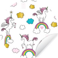 Een illustratie van eenhoorns op regenbogen - ⌀ 120 cm - rond schilderij - behangcirkel - muurcirkel - wooncirkel - zelfklevend & rond uitgesneden