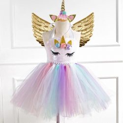 Eenhoorn Jurk - Maat 128 / 134 - Unicorn - Gouden Vleugels - Verkleedjurk - Prinsessenjurk - Tutu Jurk Met Diadeem - Vleugels - Rugzak