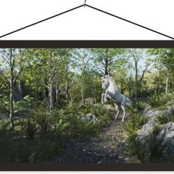 Eenhoorn in een bos schoolplaat platte latten zwart 120x60 cm - Foto print op textielposter (wanddecoratie woonkamer/slaapkamer)