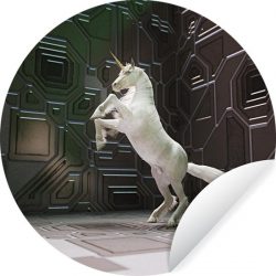 Eenhoorn in futuristische ruimte - ⌀ 30 cm - rond schilderij - behangcirkel - muurcirkel - wooncirkel - zelfklevend & rond uitgesneden