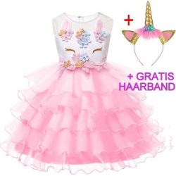 Eenhoorn jurk unicorn jurk eenhoorn kostuum - roze 116-122 (130) prinsessen jurk verkleedjurk + GRATIS haarband