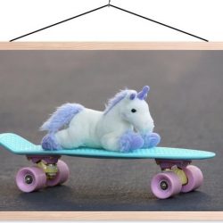 Eenhoorn op skateboard schoolplaat platte latten blank 90x60 cm - Foto print op textielposter (wanddecoratie woonkamer/slaapkamer)