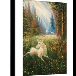 Foto in lijst - Illustratie van een eenhoorn in een bos fotolijst zwart met witte passe-partout xxl 80x120 cm - Poster in lijst (Wanddecoratie woonkamer / slaapkamer)