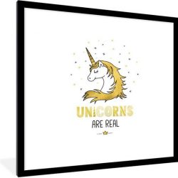 Foto in lijst - Illustratie van een witgele eenhoorn fotolijst zwart met witte passe-partout 40x40 cm - Poster in lijst (Wanddecoratie woonkamer / slaapkamer)