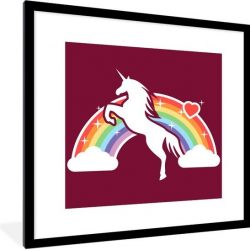 Foto in lijst - Illustratie van een witte eenhoorn voor een regenboog op een rode achtergrond fotolijst zwart met witte passe-partout 40x40 cm - Poster in lijst (Wanddecoratie woonkamer / slaapkamer)
