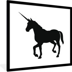 Foto in lijst - Illustratie van een zwarte eenhoorn fotolijst zwart met witte passe-partout 40x40 cm - Poster in lijst (Wanddecoratie woonkamer / slaapkamer)