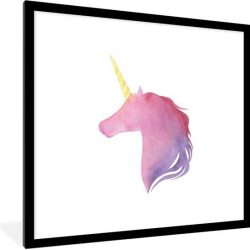 Foto in lijst - Kinderillustratie eenhoorn in het paars fotolijst zwart met witte passe partout 40x40 40x40 cm - Poster in lijst (Wanddecoratie woonkamer / slaapkamer)