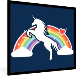 Foto in lijst - Kinderillustratie eenhoorn met regenboog fotolijst zwart zonder passe partout 40x40 cm - Poster in lijst (Wanddecoratie woonkamer / slaapkamer)