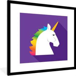 Foto in lijst - Kinderillustratie eenhoorn op paarse achtergrond fotolijst zwart met witte passe partout 40x40 40x40 cm - Poster in lijst (Wanddecoratie woonkamer / slaapkamer)