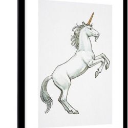 Foto in lijst - Kinderillustratie steigerend eenhoorn fotolijst zwart met witte passe partout 60x90 60x90 cm - Poster in lijst (Wanddecoratie woonkamer / slaapkamer)