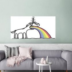 Illustratie van een eenhoorn die een regenboog uitspuwt poster 120x80 cm - Foto print op Poster (wanddecoratie woonkamer / slaapkamer) / Wilde dieren Poster