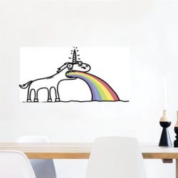 Illustratie van een eenhoorn die een regenboog uitspuwt poster 90x60 cm - Foto print op Poster (wanddecoratie woonkamer / slaapkamer) / Wilde dieren Poster