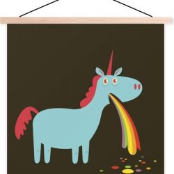Illustratie van een eenhoorn die overgeeft schoolplaat platte latten blank 90x90 cm - Foto print op textielposter (wanddecoratie woonkamer/slaapkamer)